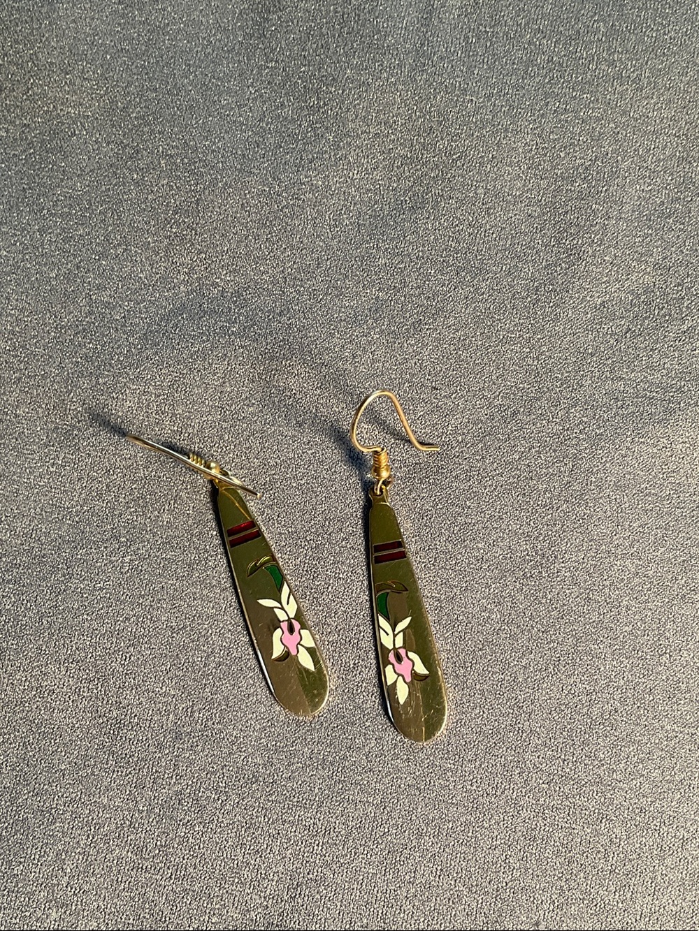 Vintage Cloisonné and Gold tone Floral Elongated Teardrop Shaped Earrings